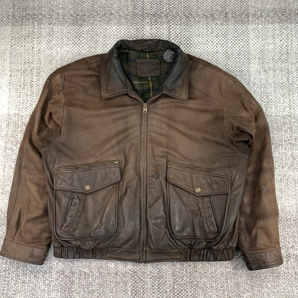 St Johns Bay Leather Bomber Jacket Mens XL Brown Plaid Lined Full Zip Nubuck
